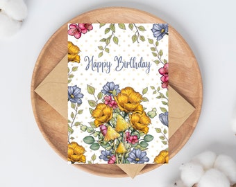 PRINTABLE Birthday Card with Colorful Flowers, Mushrooms, and Tiny Dots, Print, Cut and Fold, Floral Freehand Art Happy Birthday Download