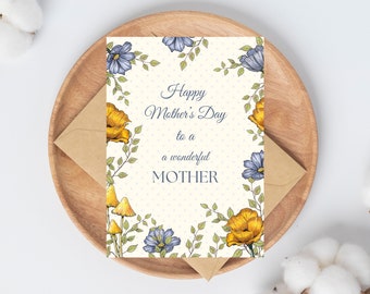 INSTANT MOTHER'S DAY Card with Colorful Flowers, Mushrooms, Tiny Dots, Print, Cut and Fold, Wonderful Mom, Floral Freehand Art Download