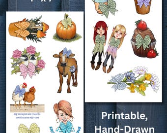 Hand Drawn Printable Stickers/Clipart, WHIMSICAL Illustrations, Print and Cut, Commercial Use
