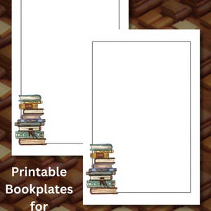 Puede incluir: Dos ex libris imprimibles para autores con fondo blanco y borde negro. Cada ex libris presenta una pila de libros ilustrados en la esquina. El texto "Printable Bookplates for Authors" se muestra a la izquierda.