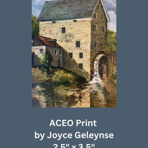 Impression ACEO, ancien moulin à farine en pierre, roue hydraulique, carte à collectionner d'artiste, petite impression d'art, carte d'art, construction en été, peinture, objet de collection