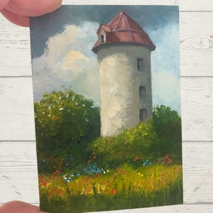ORIGINAL ACEO, ancien silo de ferme, peinture, carte à collectionner d'artiste, carte d'art, impressionnisme, objet de collection, nature, vie à la campagne, scène d'été