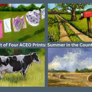 Impressions ACEO, lot de 4, blanchisserie, bottes de foin, boîte aux lettres rouge, vache Holstein, cartes à collectionner d'artiste, été à la campagne, peintures, objet de collection