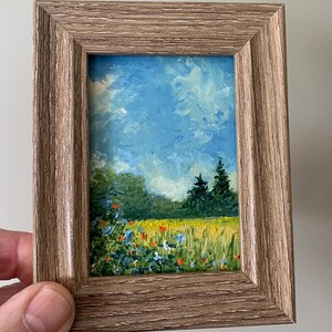 ORIGINAL ACEO, champ et fleurs sauvages, journée d'été ensoleillée, peinture au couteau, cadre inclus, carte d'art, impressionnisme, objet de collection