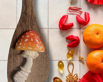 Wooden Spatula with Polymer Clay MUSHROOM, TOADSTOOL, Kitchen Décor