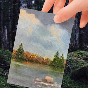 ORIGINAL ACEO, rivière en automne, peinture au couteau, carte à collectionner d'artiste, carte d'art, impressionnisme, objet de collection