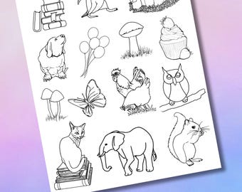 Stickers to COLOR, Hand Drawn, 14 Stickers for Kids or Adults (Digital Download)