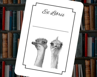 OSTRICH Bookplates, Ostrich Couple, Set of 12, 3.5" x 5" or 4" x 6", Library, Peel & Stick Labels, Book Worm Gift, Stickers