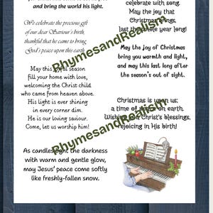 May include: A white rectangular card insert featuring multiple religious Christmas verses in black text. The text includes phrases like May the peace that Christmas brings and Christmas is upon us. A small illustration shows a piano with a mouse.