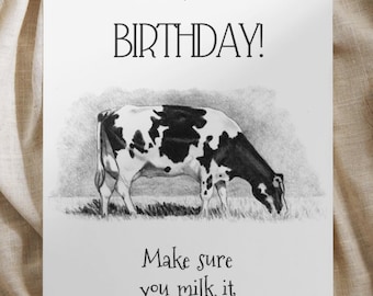 Humorous Cow Birthday Card Printable: Pencil Art Dairy Farmer (Digital Download)