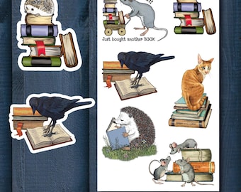 PRINTABLE Stickers, BOOKS and ANIMALS, Hand-Drawn Illustrations, Clipart, Digital File