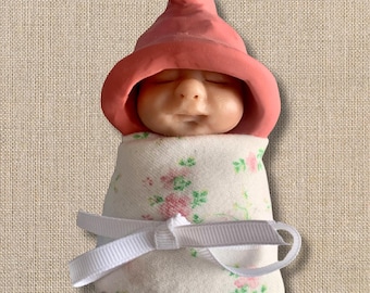 Polymer Clay Sleeping Baby, Hand Sculpted, Pointed Hat, Cake Topper Idea, Shower, Baptism