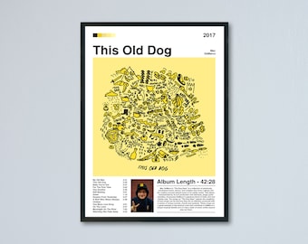 Op de afbeelding: Een gele en zwarte albumhoes met de titel "This Old Dog" van Mac DeMarco. De hoes heeft een tekening van een hond omringd door verschillende objecten en symbolen. Het album is uitgebracht in 2017 en heeft een albumlengte van 42:28.