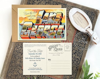 Save the Date - Lake George, New York - Vintage Large Letter Postcard  - Design Fee