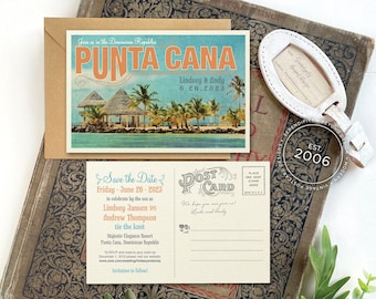 Punta Cana Save the Date Postcards, Destination Wedding Save the Dates, Vintage Travel Postcard