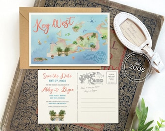 Save the Date - Key West, Florida - Watercolor Map Postcard - Design Fee