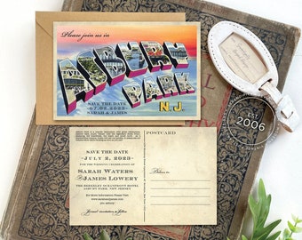 Save the Date - Asbury Park, NJ Sunset - Vintage Large Letter Postcard - Design Fee