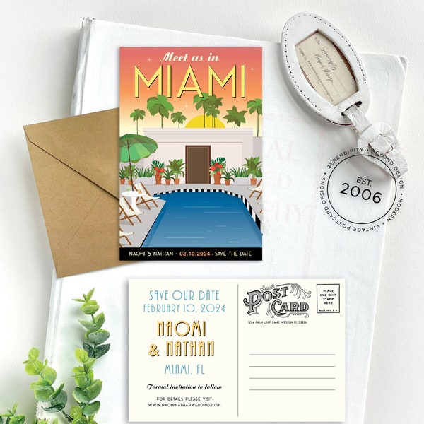 Save the Date - Miami, Florida - Vintage Poster Postcard - Design Fee