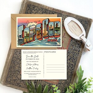 May include: A vintage postcard with a colorful illustration of Cape Cod, Massachusetts. The postcard says "Join us in Cape Cod, Mass. October 18, 2023" and "Save the Date October 18, 2023 for the wedding of Chelsea Adams & Matthew Finley Wellfleet, Massachusetts".