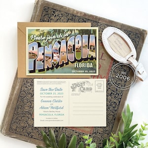 Save the Date - Pensacola, Florida - Vintage Large Letter Postcard - Design Fee
