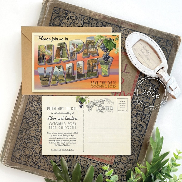 Save the Date - Napa Valley, California - Vintage Large Letter Postcard - Design Fee