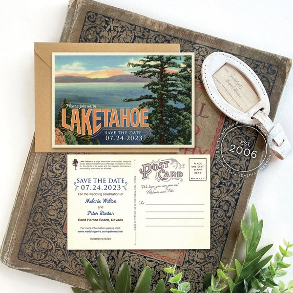 Save the Date - Lake Tahoe, California - Vintage Travel Postcard - Design Fee