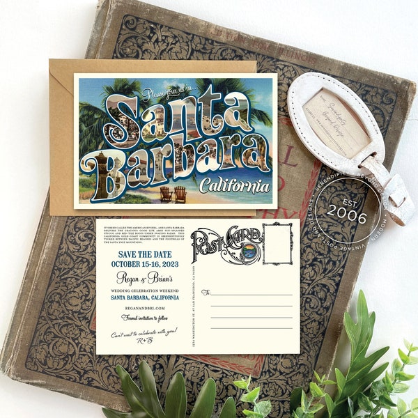 Save the Date - Santa Barbara, California - Vintage Large Letter Postcard - Design Fee