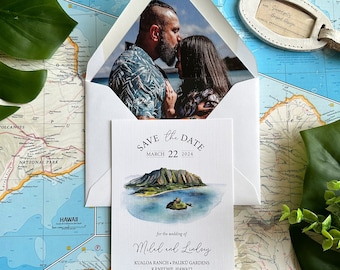 Watercolor Save the Date with Engagement Photo (Kaneohe, Hawaii) - Design Fee