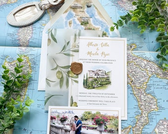 Wax Seal and Vellum Watercolor Wedding Invite (San Giovanni del Torro, Italy) - Design Fee