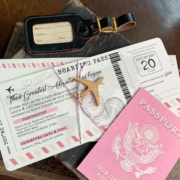 Vintage Air Mail Baby Shower Invitation with Passport Insert (Pink) - Design Fee