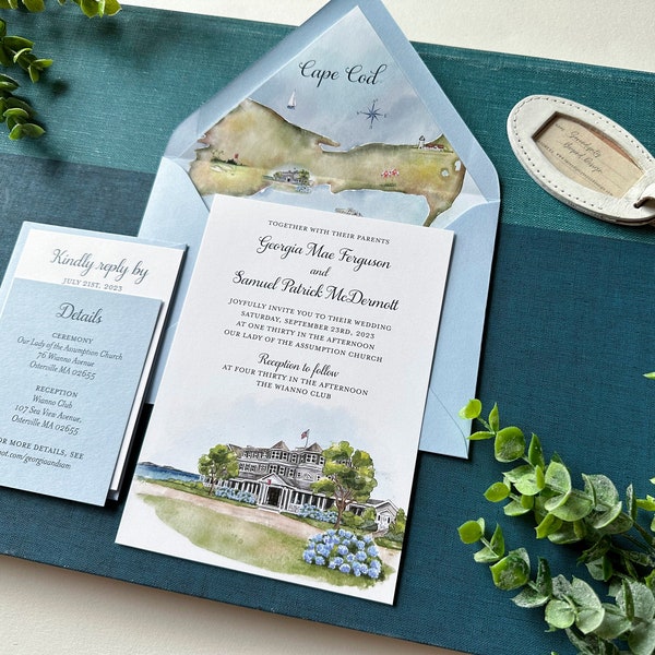 Custom Watercolor Map Wedding Invitation - Wianno Club (Cape Cod, Massachusetts) - Design Fee