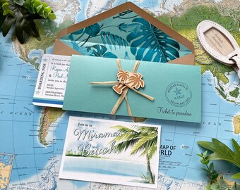 Tropical Watercolor Boarding Pass Wedding Invitation (Miramar, Florida) - Design Fee
