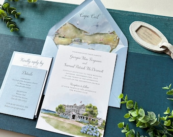 Cape Cod Invitations, Classic Destination Wedding Invite Suite, Travel Wedding Invitations, Watercolor Venue Invitation