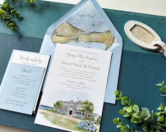 Custom Watercolor Map Wedding Invitation - Wianno Club (Cape Cod, Massachusetts) - Design Fee