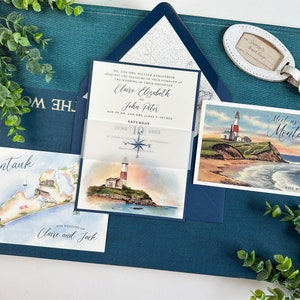 Watercolor Lighthouse and Map Wedding Invitation  (Montauk, New York) - Design Fee