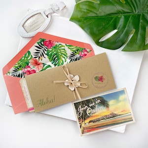 Retro Floral Boarding Pass Wedding Invitation (Oahu, HI) - Design Fee