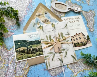 Terre di Nano, Italy Watercolor Wedding Invitation | Villa and Olive Design  | Custom Villa Destination Suite