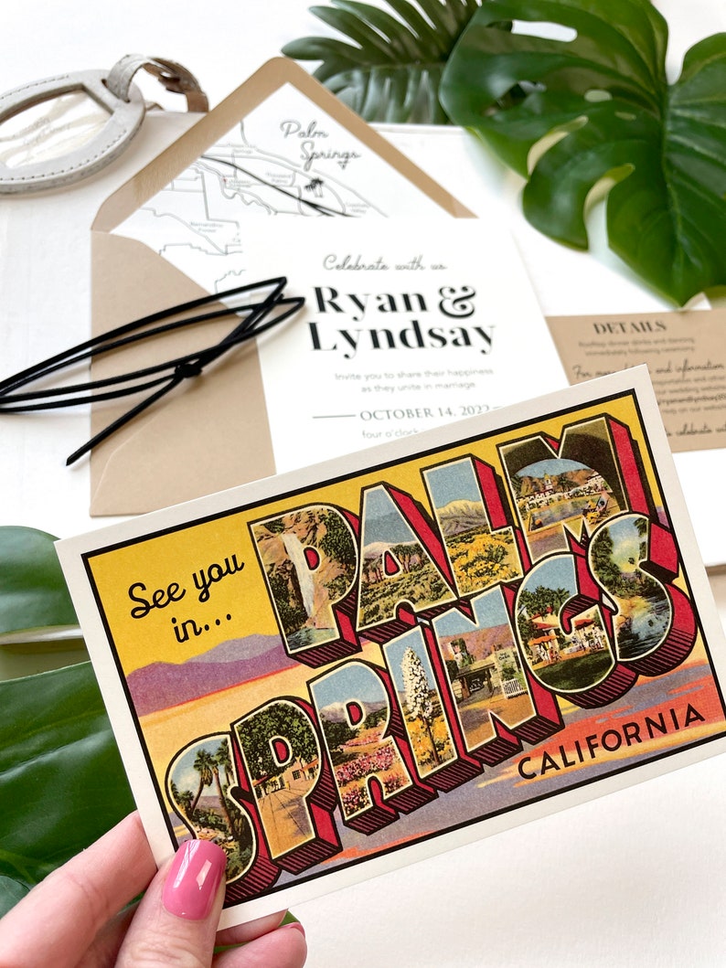 Palm Springs Vintage Postcard Wedding Invitation California Design Fee image 3