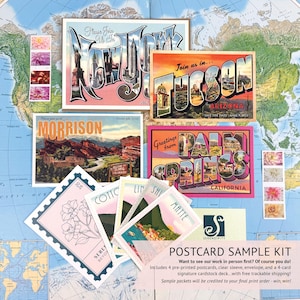 The image is a collage of various postcard samples, including vintage postcards from New York, Los Angeles, and Arizona, as well as postcard cards featuring landscapes and other scenic views. The postcard samples are arranged on a map background, creating a visually appealing and nostalgic display.