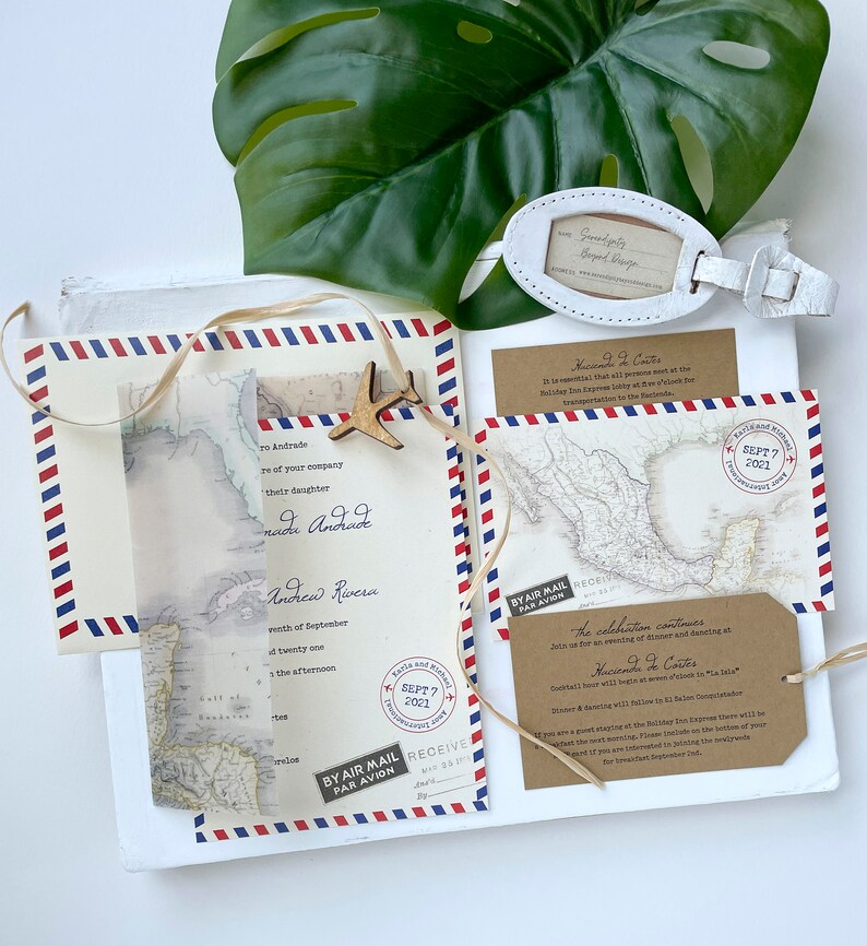 Vintage Air Mail Destination Wedding Invitation Mexico Design Fee image 3