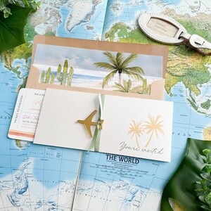Cabo San Lucas Boarding Pass Wedding Invitation | Boho Tropical Design | Gold Plane Travel Suite