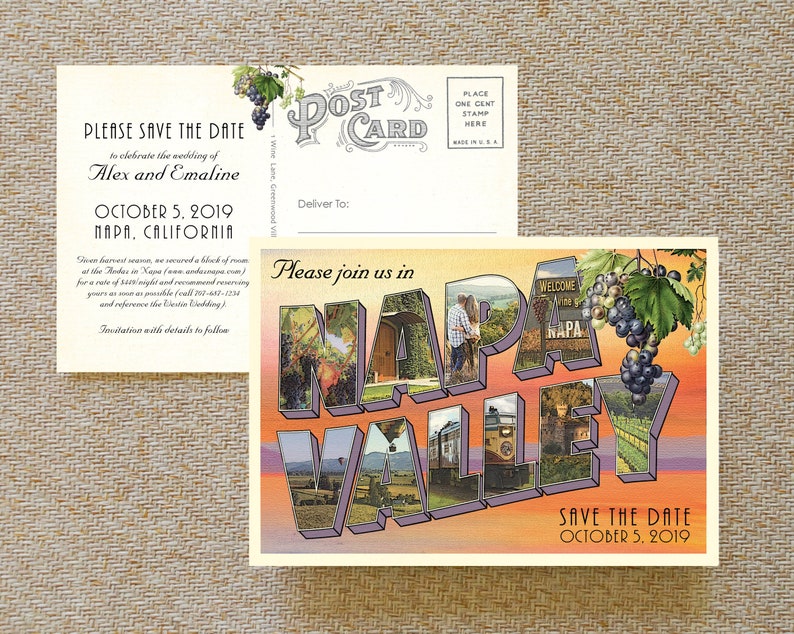 Vintage Large Letter Postcard Save the Date Napa Valley, California Design Fee