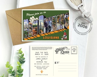 Save the Date - New Orleans, Louisiana (Green and Orange) - Vintage Large Letter Postcard - Design Fee
