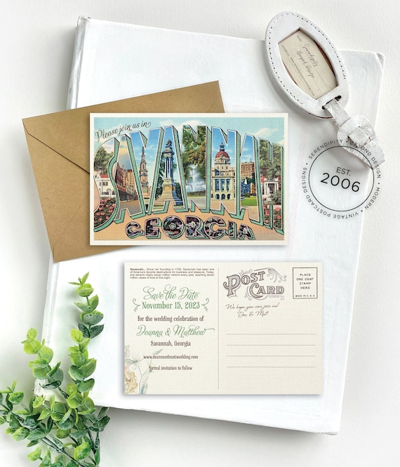 Save the Date - Savannah, Georgia - Vintage Large Letter Postcard  - Design Fee