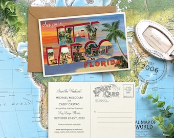 May include: A vintage-style postcard featuring the text See you in Key Largo Florida with colorful tropical imagery. Below it, a wedding save-the-date card displays the text Save the Weekend, Michael Melcolm and Casey Castro, October 22-25, 2023.