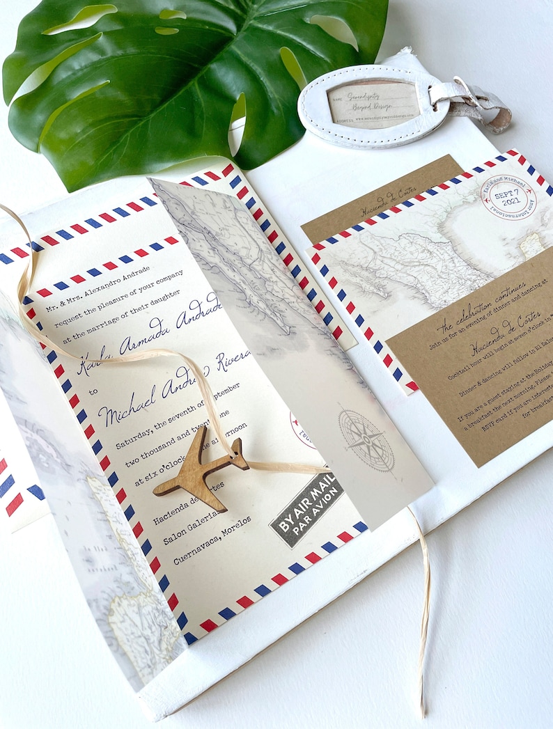 Vintage Air Mail Destination Wedding Invitation Mexico Design Fee image 1