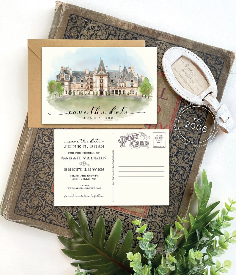 Save the Date Biltmore Estate, North Carolina Watercolor Postcard Design Fee image 1