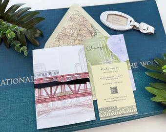 Chicago City Watercolor Gate Fold Wedding Invitation  - Design Fee