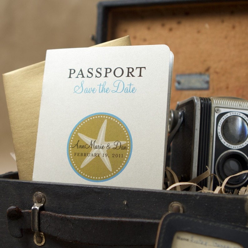 Passport Save the Date Aqua and Gold Starfish Design Fee | Etsy