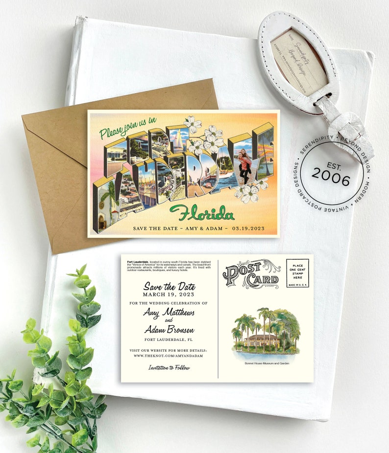 Save the Date Ft. Lauderdale, Florida Vintage Large Letter Postcard Design Fee image 1